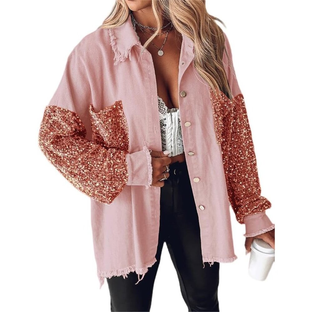 Womens Denim Jacket Sequin Patchwork Long Sleeve … - image 1